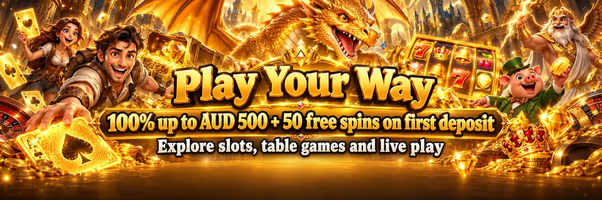A dragon and human adventurers gather around glowing cards and a slot screen against a dramatic golden fantasy backdrop.