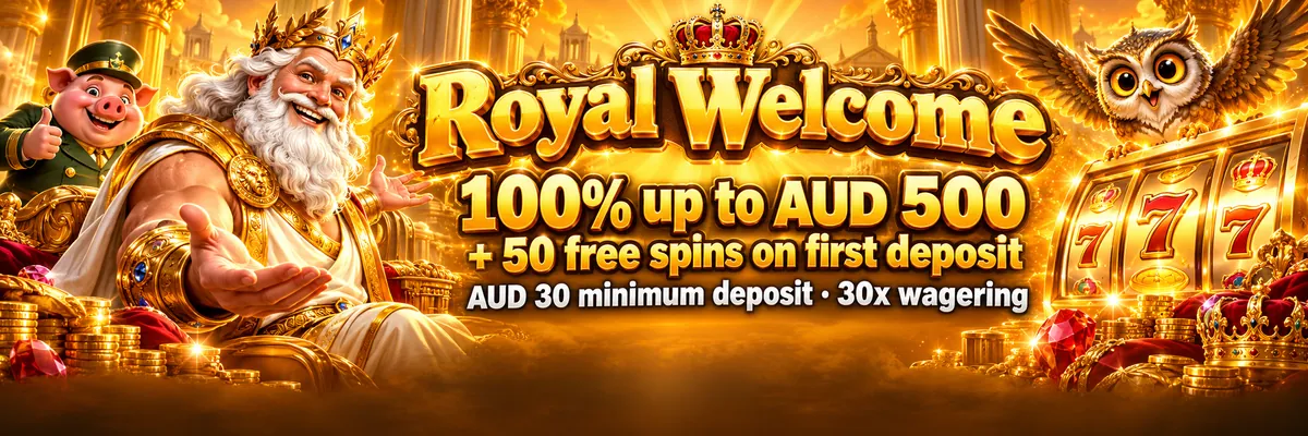 Gold-robed Zeus presents a glowing crown beside cards and a slot screen in a dramatic golden fantasy scene.